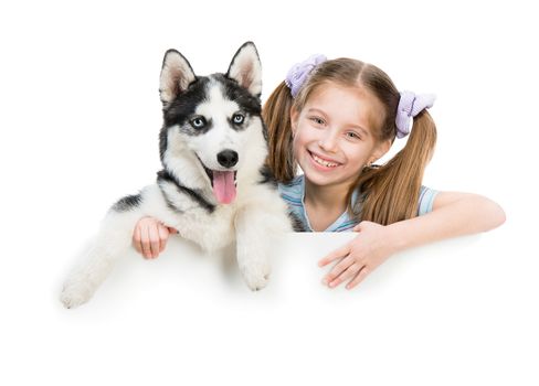 smiling little girl and dog Husky with white cardboard