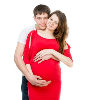 husband hugging his pregnant wife isolated on a white background