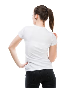 portrait of happy girl in white t-shirt and isolated on white background standing back