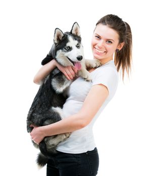 happy girl and husky dog isolated on white background