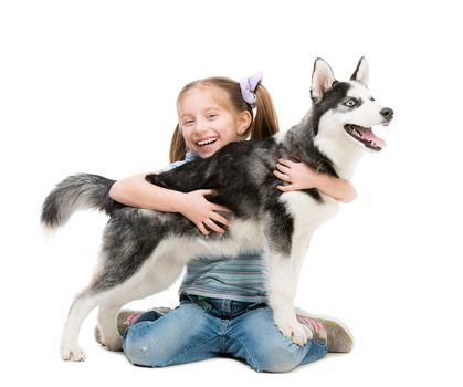 happy little girl and dog on a white background Husky, cheating dog