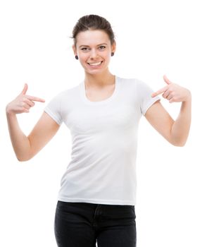 portrait of happy girl in white t-shirt and isolated on white background