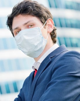 Junior executives dynamics  wearing protective face mask against pollution