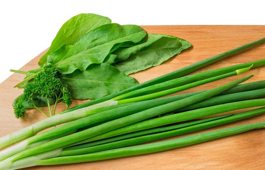 Leaves of parsley, green onions and ����������. Are presented on a white background.