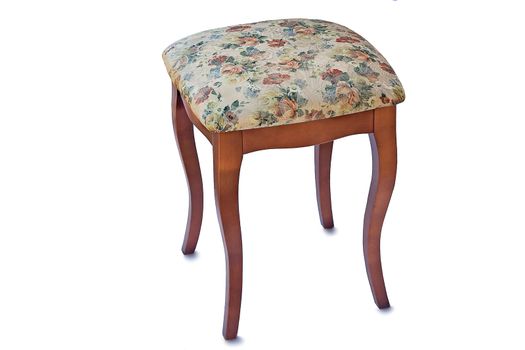 Beautiful stool in style of a retro with the soft seat upholstered with a gobelin. It is presented on a white background.