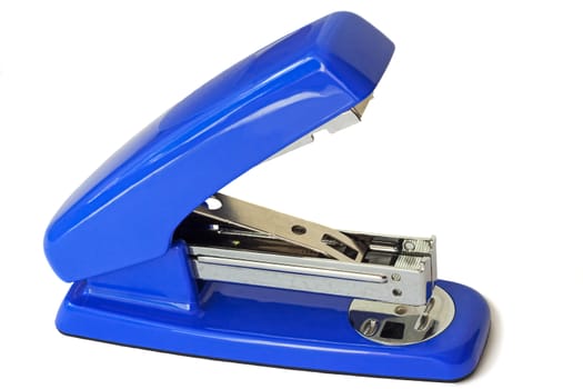 The bright blue stapler for papers, is photographed by a close up.