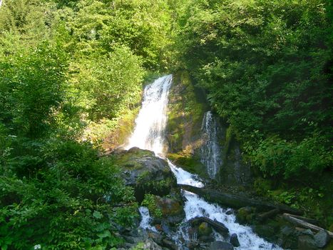 Picturesque landscape with the mountain river and falls in the mountains of Abkhazia. Beautiful plentiful vegetation