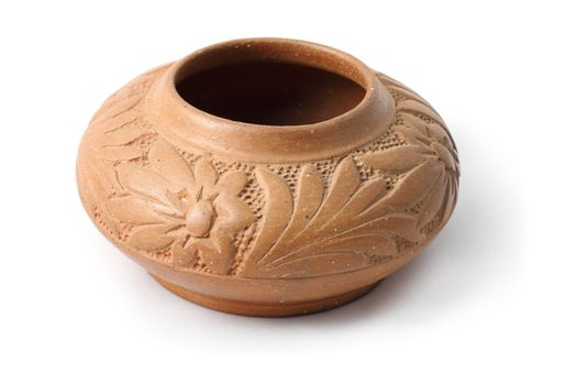 very old brown clay pot over white background with shadow