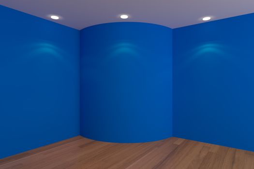 Interior rendering with empty corner room color blue curve wall and decorated with wooden floors.