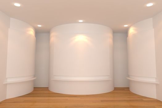 Empty room interior with white canvas on a white wall in the gallery.