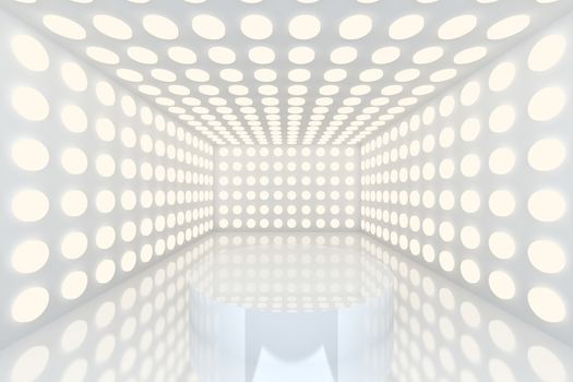 Podium in Empty room with abstract color white lighting sphere wall and white wall 
