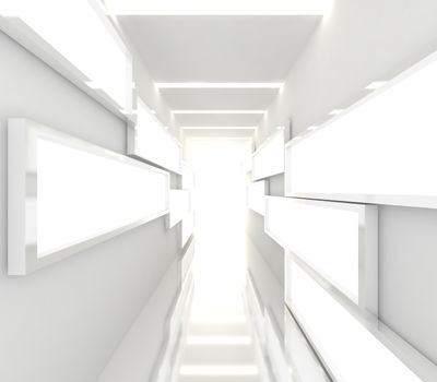 Abstract interior rendering with empty room color white box frame display.