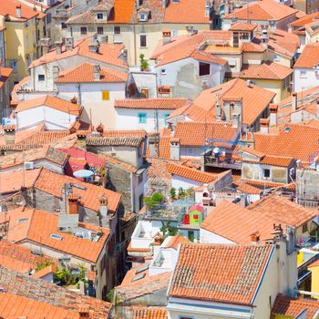 Picturesque old town Piran - beautiful Slovenian adriatic coast. Aerial view of Tartini Square.