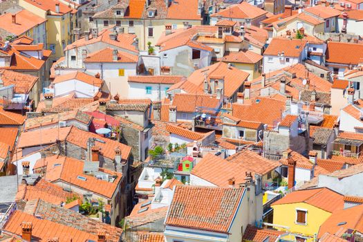 Picturesque old town Piran - beautiful Slovenian adriatic coast. Aerial view of Tartini Square.