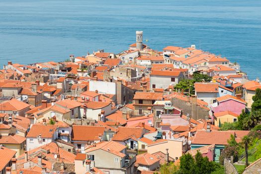 Picturesque old town Piran - beautiful Slovenian adriatic coast. Aerial view of Tartini Square.