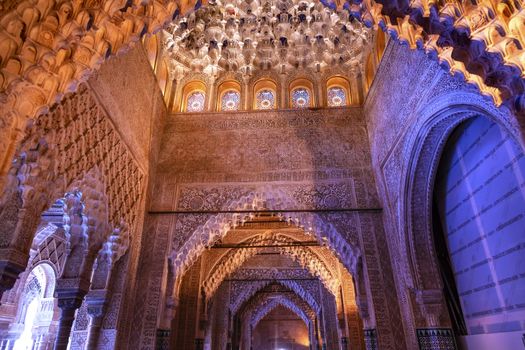 Blue Arches Square Shaped Ceiling Sala de los Reyes Alhambra Moorish Wall Windows Patterns Designs Granada Andalusia Spain  