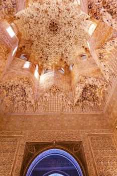 Star Shaped Domed Ceiling of the Sala de Albencerrajes Alhambra Moorish Wall Windows Blue Arch Patterns Designs Granada Andalusia Spain  