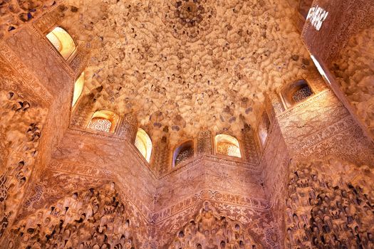 Star Shaped Domed Ceiling of the Sala de Albencerrajes Alhambra Moorish Wall Windows Patterns Designs Granada Andalusia Spain  