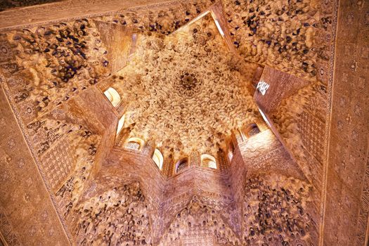 Star Shaped Domed Ceiling of the Sala de Albencerrajes Alhambra Moorish Wall Windows Patterns Designs Granada Andalusia Spain  