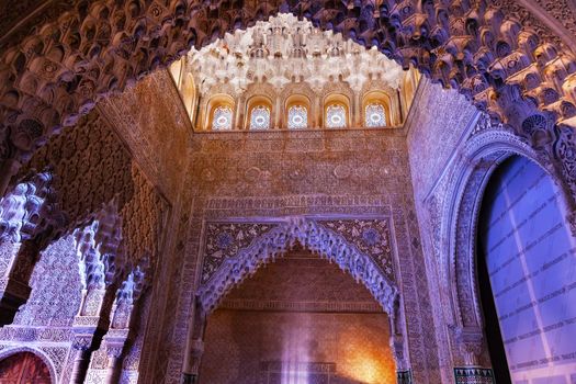 Square Shaped Domed Ceiling of the Sala de los Reyes Alhambra Moorish Wall Windows Blue Arch Patterns Designs Granada Andalusia Spain  