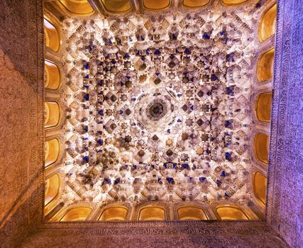 Square Shaped Domed Ceiling Sala de los Reyes Alhambra Moorish Wall Windows Arches Patterns Designs Granada Andalusia Spain  