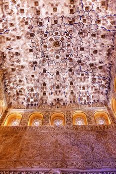 Square Shaped Domed Ceiling Sala de los Reyes Alhambra Moorish Wall Windows Patterns Designs Granada Andalusia Spain  