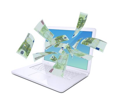Euro notes flying around the laptop. Isolated on white background