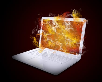 Open white laptop emits colored smoke. The technology concept
