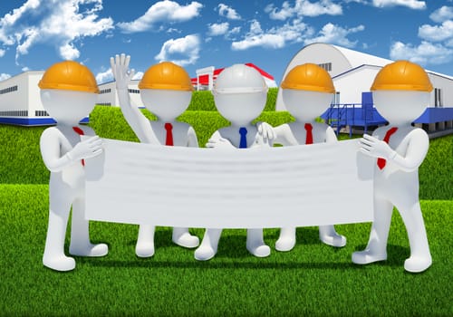 Five 3d white people holding blank poster. Industrial buildings as backdrop