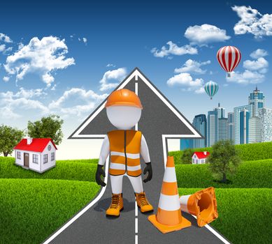 3d worker and traffic cones. Road climbs up. Small houses, skyscrapers as a backdrop