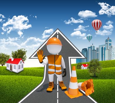 3d worker and traffic cones. Road climbs up. Small houses, skyscrapers as a backdrop