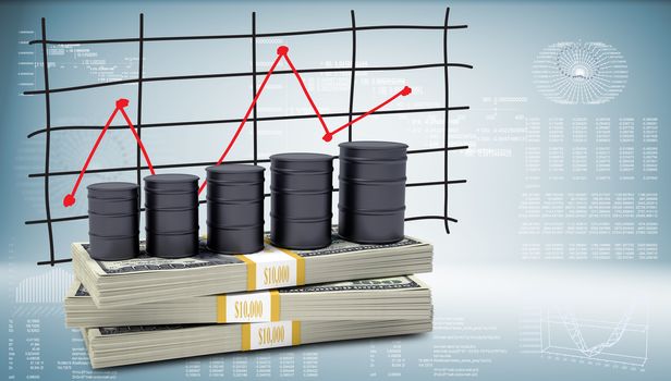 Barrels oil stand on pack of dollars. Schedule price changes in the background
