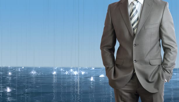 Businessman standing with hands in pockets. Rain and surface waters as backdrop