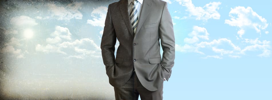 Businessman on background of sky with clouds. Half pictures in grunge style