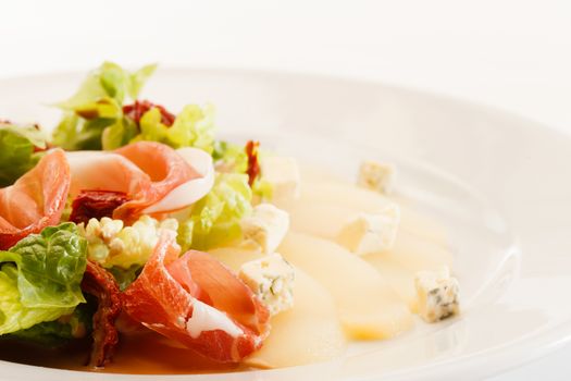 appetizer with pear, cheese and ham