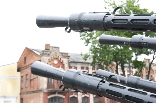 Anti-aircraft gun mounted on a railway platform