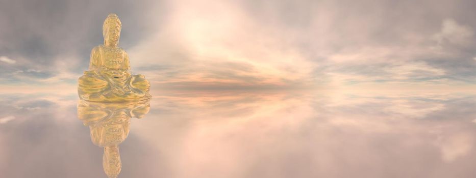 One golden buddha meditating on water by sunset, 360 degrees effect