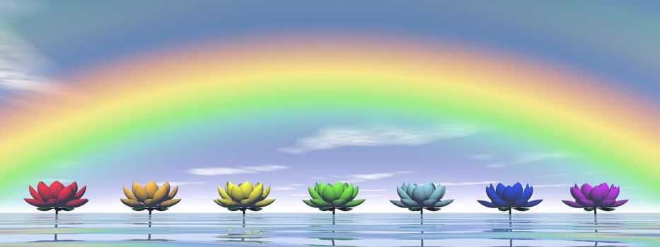 Colorful lily flowers for chakras upon water by day with rainbow