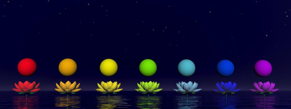 Colorful spheres for chakras upon beautiful lily flowers by night