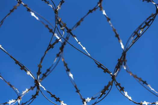Barbed wire on blue sky background
