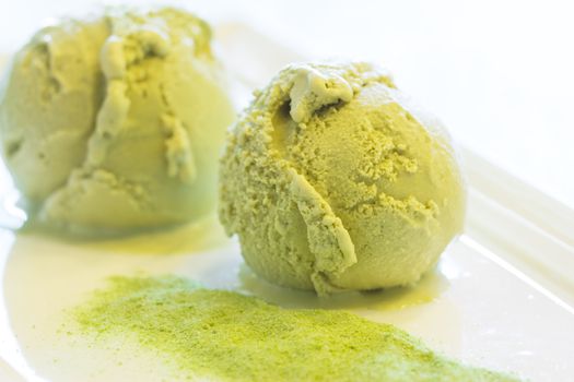 Scoop of homemade green tea ice cream 