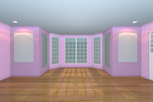 Home interior rendering with empty room color pink wall and decorated with wooden floors.