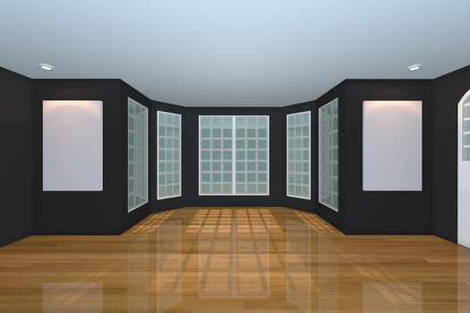 Home interior rendering with empty room color black wall and decorated with wooden floors. 