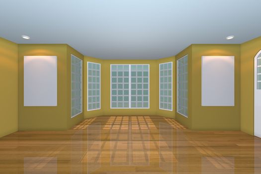 Home interior rendering with empty room color yellow wall and decorated with wooden floors. 