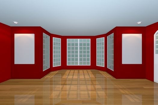 Home interior rendering with empty room color red wall and decorated with wooden floors. 