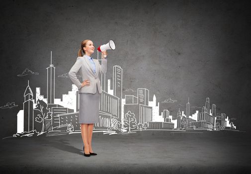 business, communication and office concept - smiling businesswoman with megaphone screaming at someone imaginary