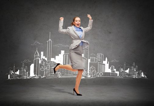 business and education concept - young happy woman jumping with hands up