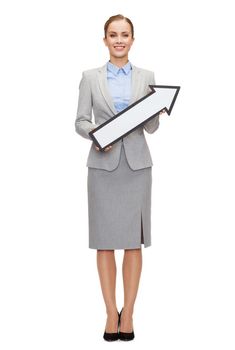 business and education concept - smiling businesswoman with direction arrow sign