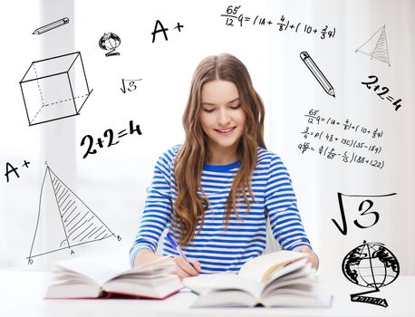 education and home concept - happy smiling student girl with books