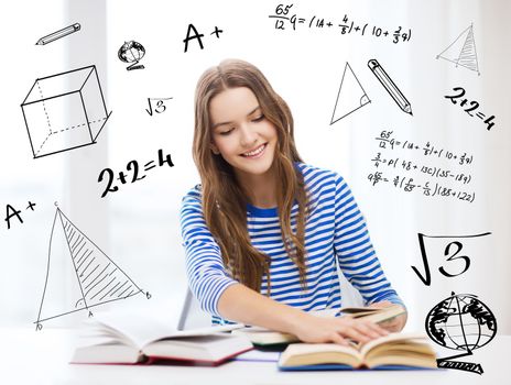 education and home concept - happy smiling student girl with books